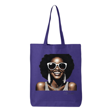 Hi There! Gusseted tote bag featuring an illustration of a beautiful woman with sunglasses and an afro.